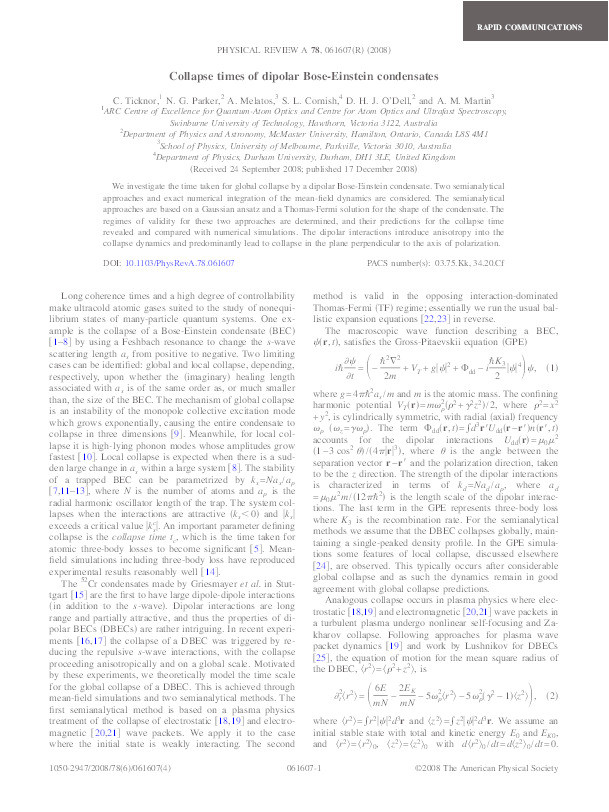 Collapse times of dipolar Bose-Einstein condensates Thumbnail