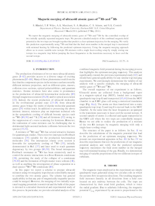 Magnetic merging of ultracold atomic gases of (85)Rb and (87)Rb Thumbnail