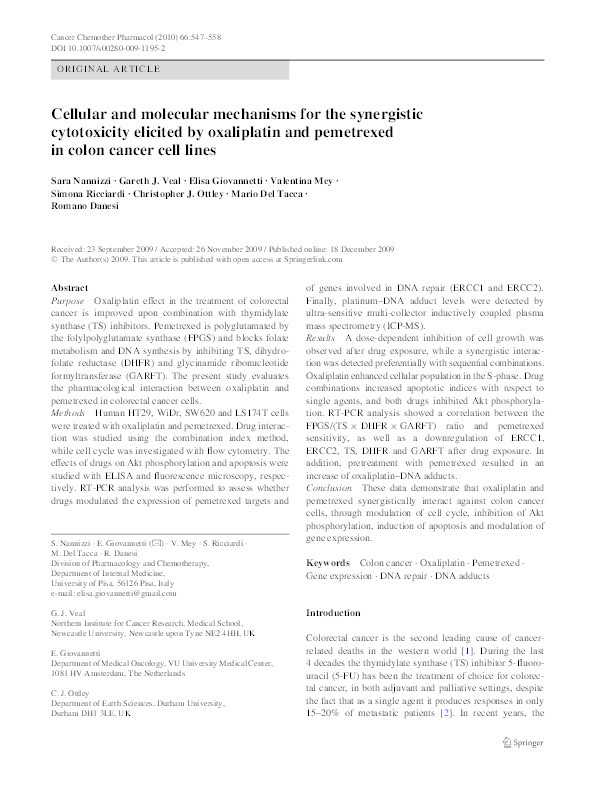 Cellular and molecular mechanisms for the synergistic cytotoxicity elicited by oxaliplatin and pemetrexed in colon cancer cell lines Thumbnail