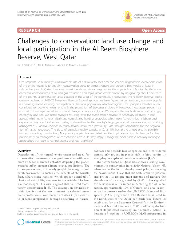 Challenges to conservation: land use change and local participation in the Al Reem Biosphere Reserve, West Qatar Thumbnail