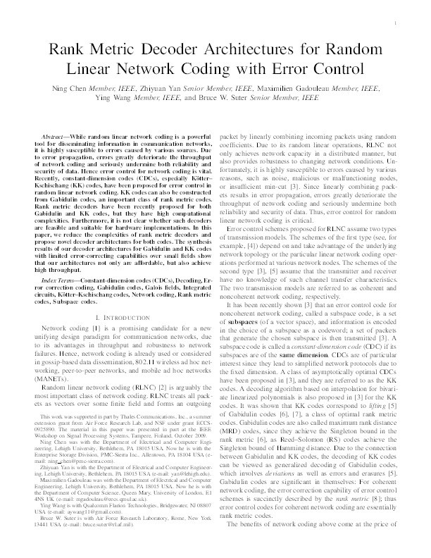 Rank Metric Decoder Architectures for Random Linear Network Coding with Error Control Thumbnail