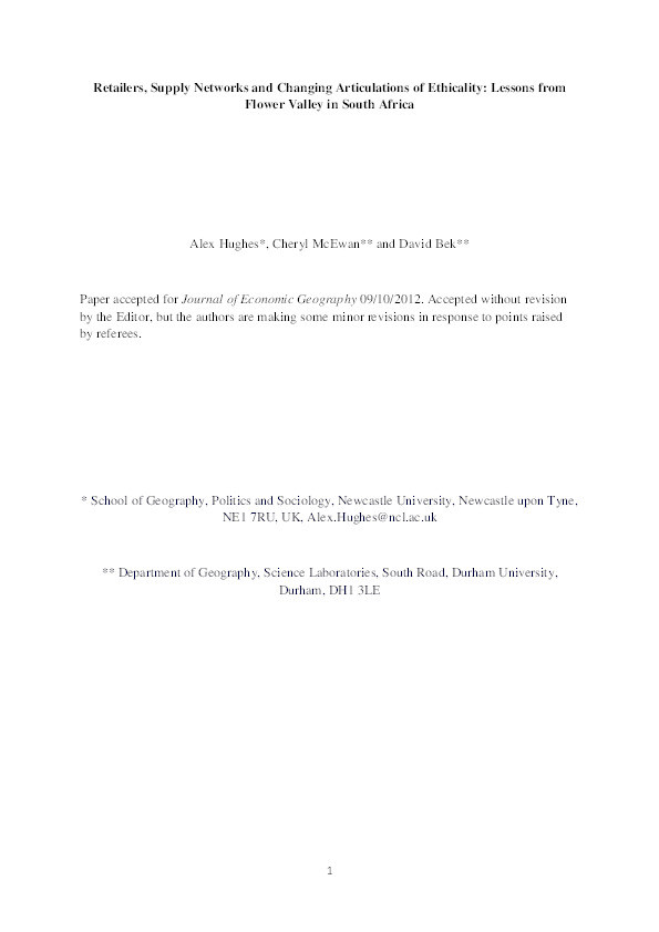 Retailers, Supply Networks and Changing Articulations of Ethicality: Lessons from Flower Valley in South Africa Thumbnail