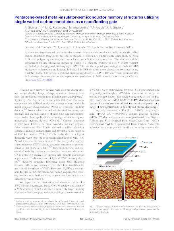 Pentacene-based metal-insulator-semiconductor memory structures utilizing single walled carbon nanotubes as a nanofloating gate Thumbnail