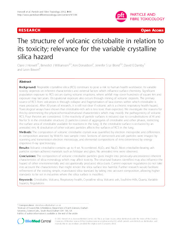 The structure of volcanic cristobalite in relation to its toxicity; relevance for the variable crystalline silica hazard Thumbnail