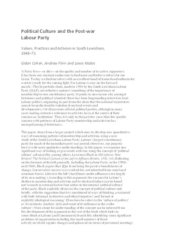 Political Culture and the Post-War Labour Party: Values, Practices and Activism in South Lewisham Labour Party, 1948-71 Thumbnail