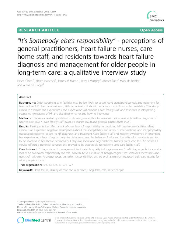 “It’s Somebody else’s responsibility” - perceptions of general practitioners, heart failure nurses, care home staff, and residents towards heart failure diagnosis and management for older people in long-term care: a qualitative interview study Thumbnail