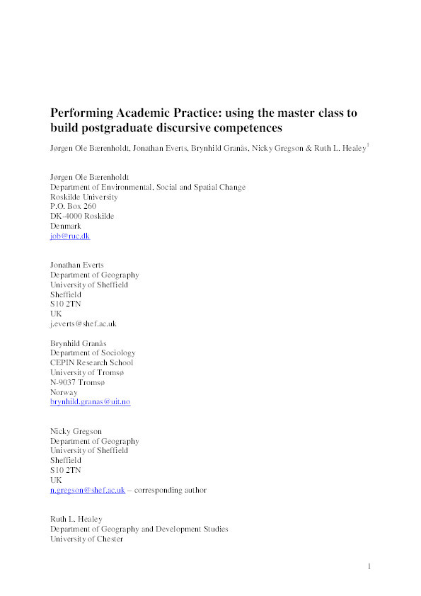Performing academic practice: using the master class to build postgraduate discursive competences Thumbnail