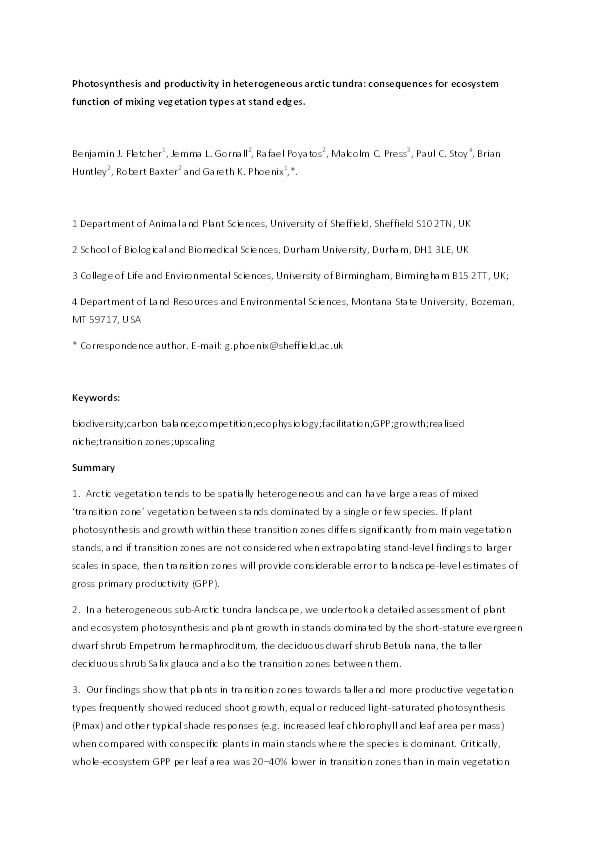 Photosynthesis and productivity in heterogeneous arctic tundra: consequences for ecosystem function of mixing vegetation types at stand edges Thumbnail