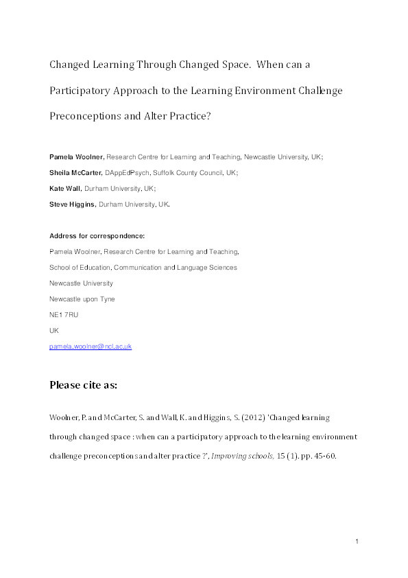 Changed learning through changed space: When can a participatory approach to the learning environment challenge preconceptions and alter practice? Thumbnail