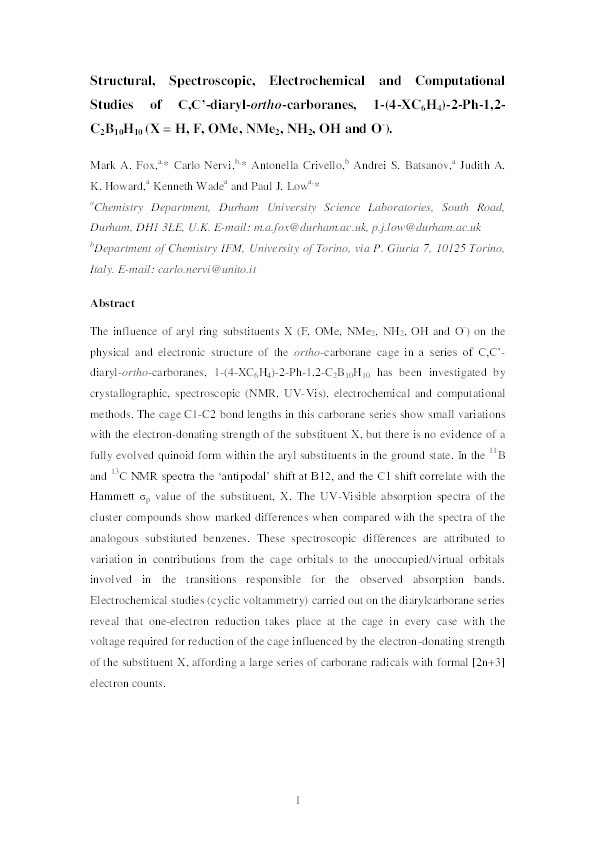 Structural, spectroscopic, electrochemical and computational studies of C,C '-diaryl-ortho-carboranes, 1-(4-XC6H4)-2-Ph-1,2-C2B10H10 (X = H, F, OMe, NMe2, NH2, OH and O-) Thumbnail