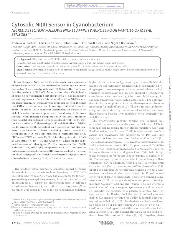 A cytosolic Ni(II) sensor in cyanobacterium: Nickel-detection follows nickel-affinity across four families of metal-sensors Thumbnail