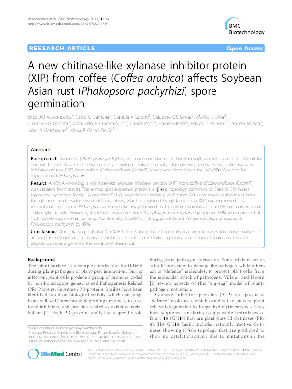 A new chitinase-like xylanase inhibitor protein (XIP) from coffee (Coffea arabica) affects Soybean Asian rust (Phakopsora pachyrhizi) spore germination Thumbnail
