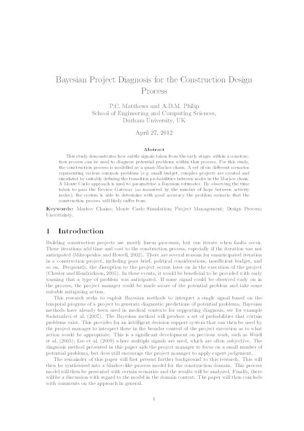 Bayesian project diagnosis for the construction design process Thumbnail