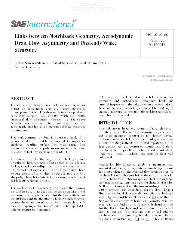 Links between Notchback Geometry, Aerodynamic Drag, Flow Asymmetry and Unsteady Wake Structure Thumbnail