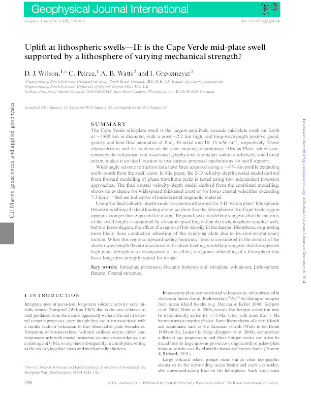 Uplift at lithospheric swells – II: is the Cape Verde mid-plate swell supported by a lithosphere of varying mechanical strength? Thumbnail