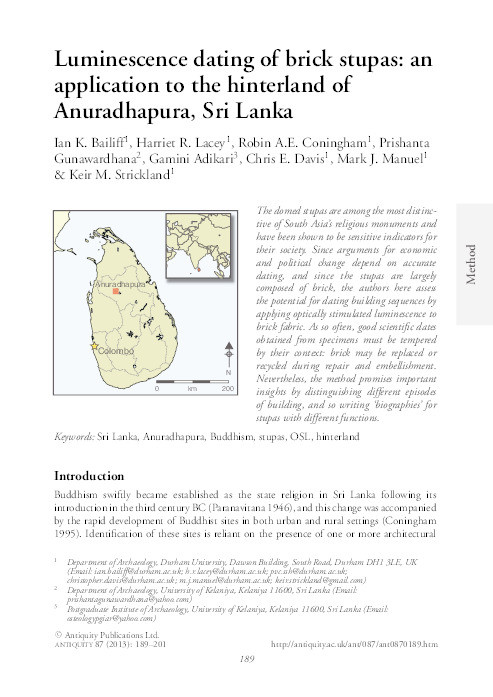 Luminescence dating of brick stupas: an application to the hinterland of Anuradhapura, Sri Lanka Thumbnail