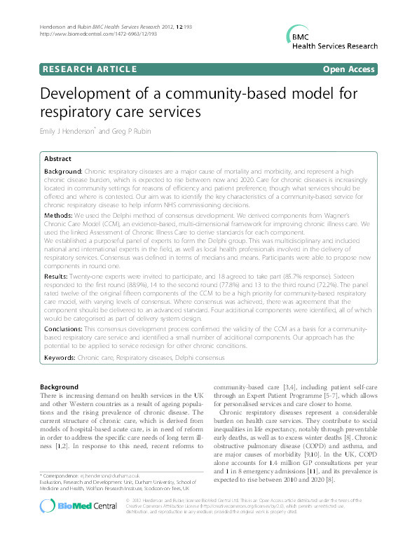 Development of a community-based model for respiratory care services Thumbnail