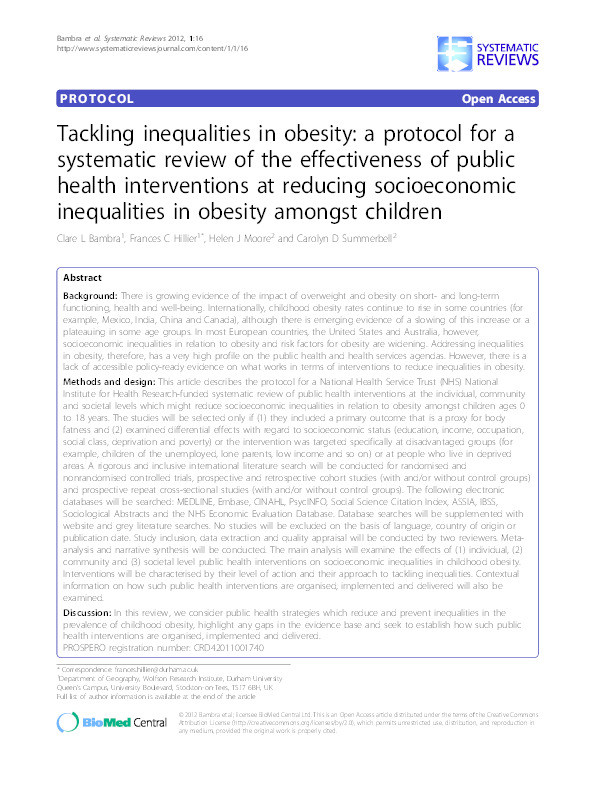 Tackling inequalities in obesity: a protocol for a systematic review of the effectiveness of public health interventions at reducing socioeconomic inequalities in obesity amongst children Thumbnail