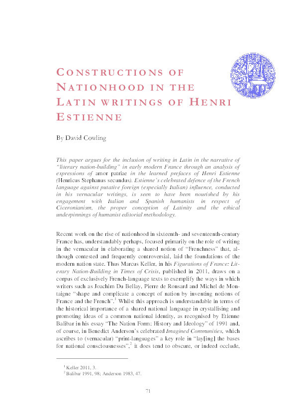 Constructions of Nationhood in the Latin Writings of Henri Estienne Thumbnail