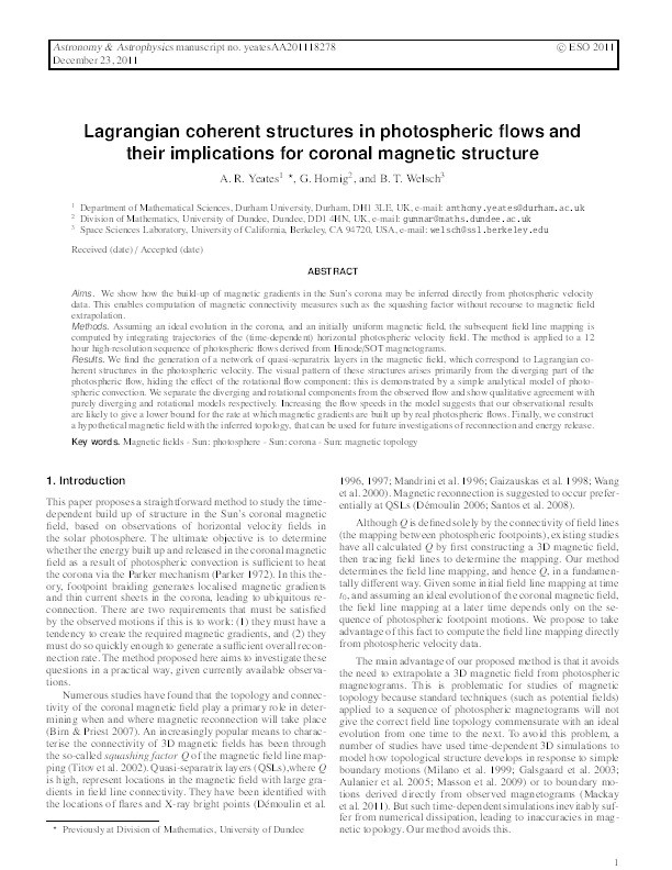Lagrangian coherent structures in photospheric flows and their implications for coronal magnetic structure Thumbnail