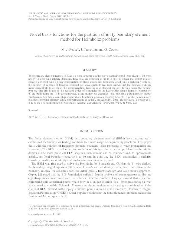 Novel basis functions for the partition of unity boundary element method for Helmholtz problems Thumbnail