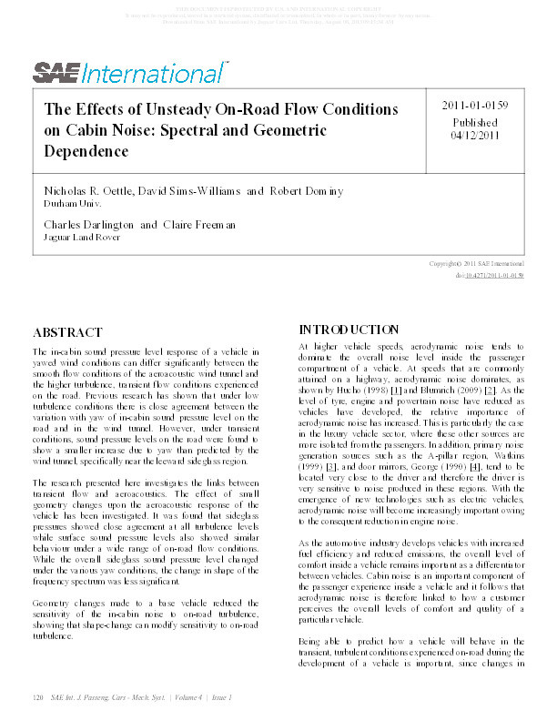 The Effects of Unsteady On-Road Flow Conditions on Cabin Noise: Spectral and Geometric Dependence Thumbnail