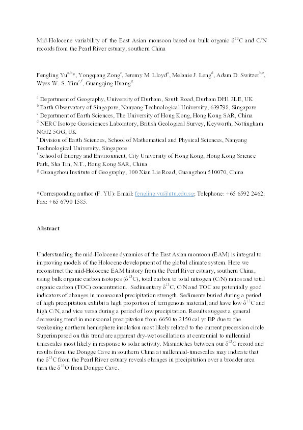 Mid-Holocene variability of the East Asian monsoon based on bulk organic δ13C and C/N records from the Pearl River estuary, southern China Thumbnail