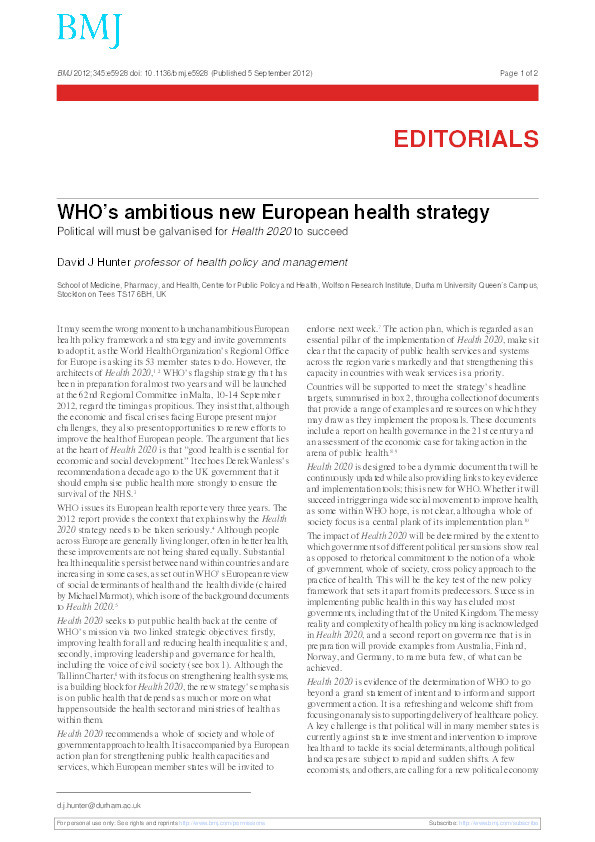 WHO's ambitious new European health strategy: Political will must be galvanised for Health 2020 to succeed Thumbnail