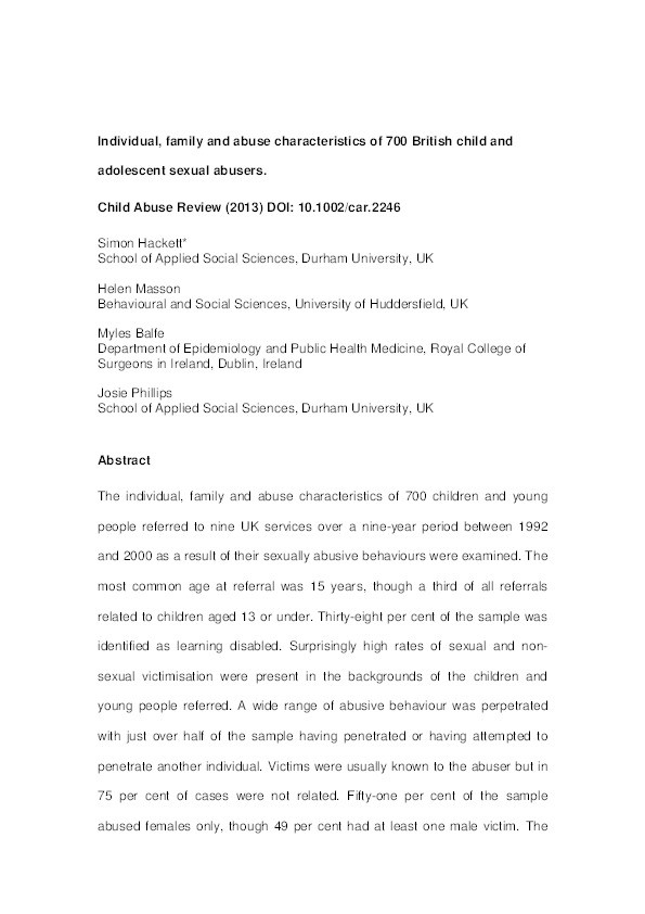 Individual, Family and Abuse Characteristics of 700 British Child and Adolescent Sexual Abusers Thumbnail