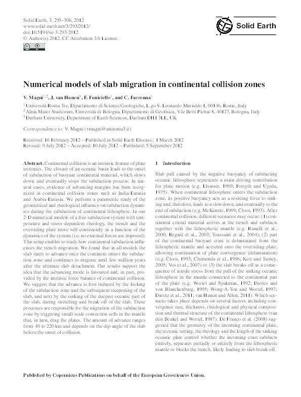 Numerical models of slab migration in continental collision zones Thumbnail