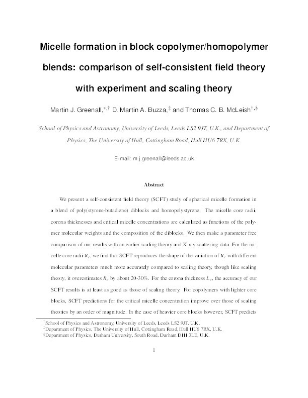 Micelle Formation in Block Copolymer/Homopolymer Blends: Comparison of Self-Consistent Field Theory with Experiment and Scaling Theory Thumbnail