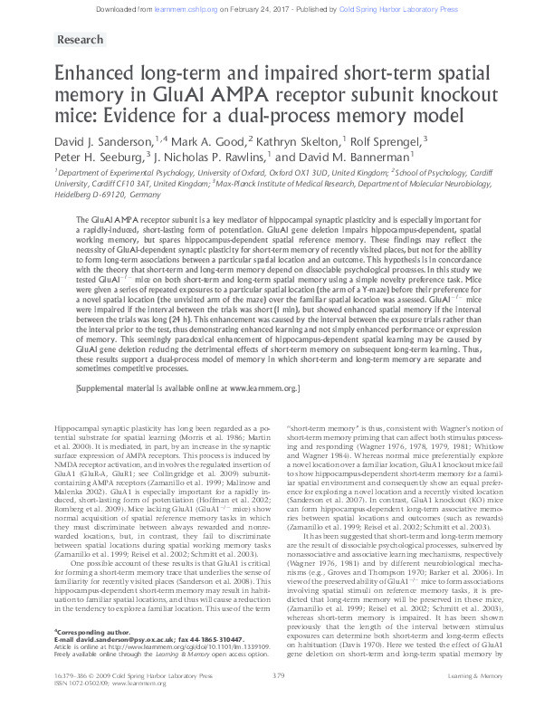 Enhanced long-term and impaired short-term spatial memory in GluA1 AMPA receptor subunit knockout mice: Evidence for a dual-process memory model Thumbnail
