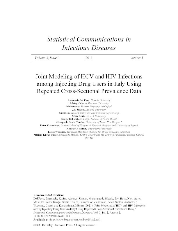 Joint Modeling of HCV and HIV Infections among Injecting Drug Users in Italy Using Repeated Cross-Sectional Prevalence Data Thumbnail