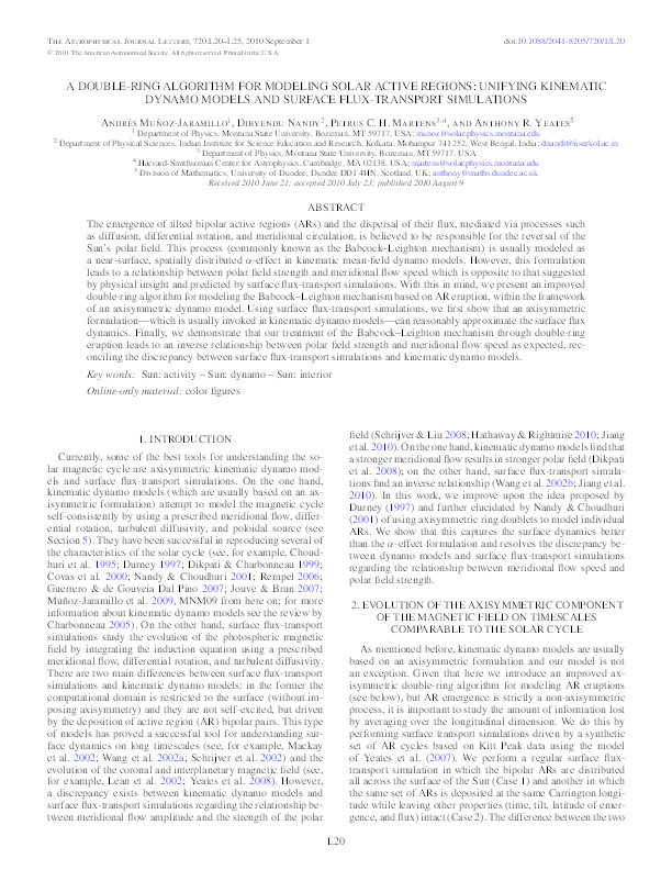 A double-ring algorithm for modeling solar active regions: Unifying kinematic dynamo models and surface flux-transport simulations Thumbnail