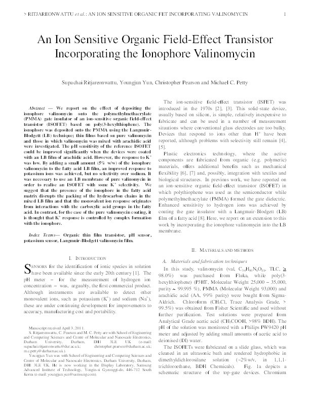 An ion sensitive organic field-effect transistor incorporating the ionophore valinomycin Thumbnail