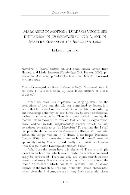 Marcabru in Motion: “Dire vos vuoill ses duptanssa” in Chansonniers A and C, and in Matfre Ermengaud's Breviari d’amor Thumbnail