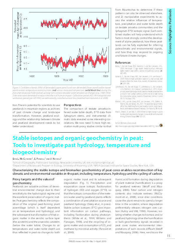 Stable isotopes and organic geochemistry in peat: Tools to investigate past hydrology, temperature and biogeochemistry Thumbnail