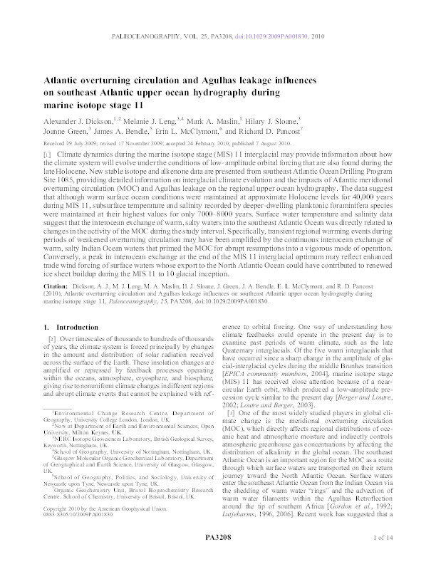 Atlantic overturning circulation and Agulhas leakage influences on southEast Atlantic upper ocean hydrography during marine isotope stage 11 Thumbnail