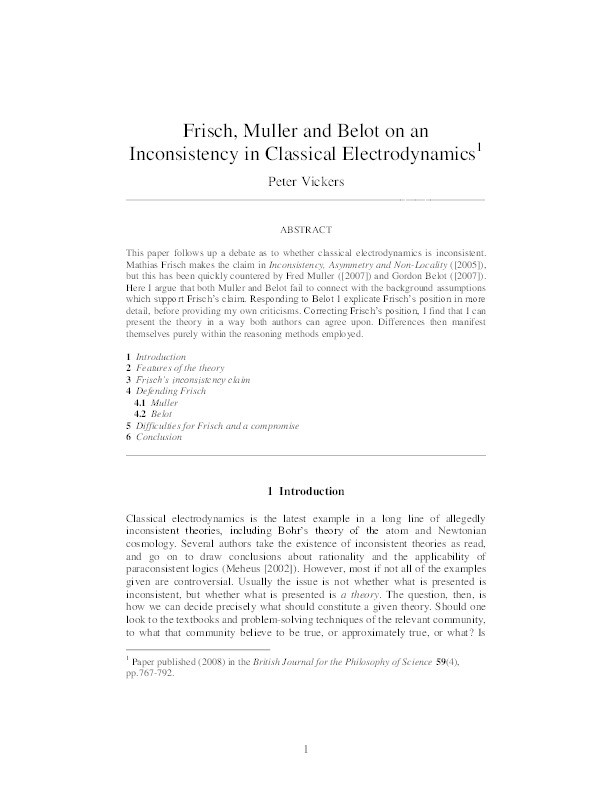Frisch, Muller, and Belot on an Inconsistency in Classical Electrodynamics Thumbnail