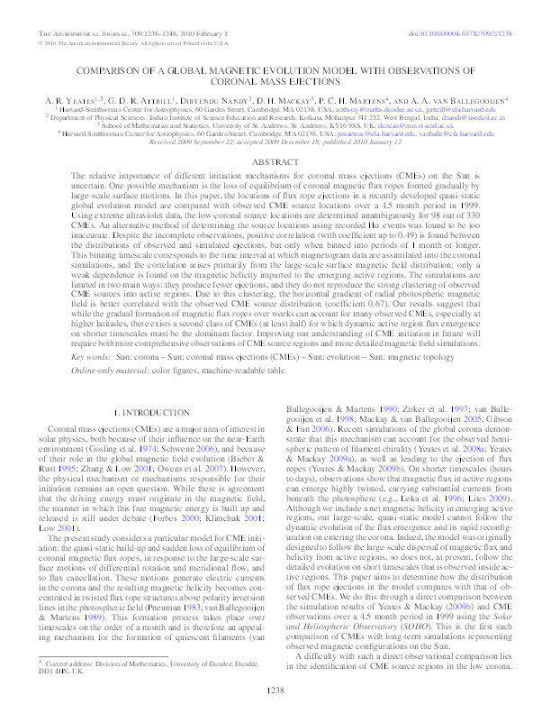 Comparison of a global magnetic evolution model with observations of coronal mass ejections Thumbnail