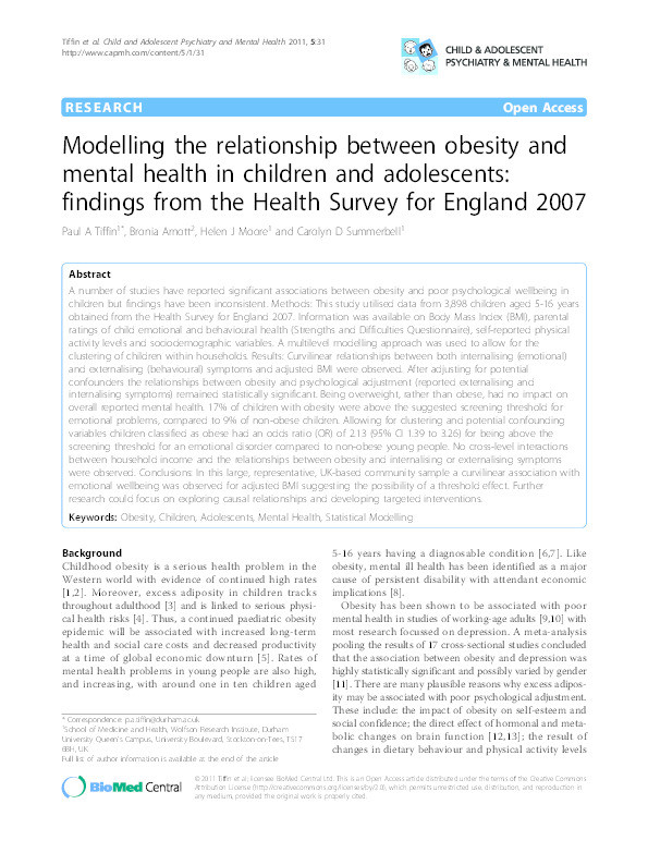 Modelling the relationship between obesity and mental health in children and adolescents: findings from the Health Survey for England 2007 Thumbnail