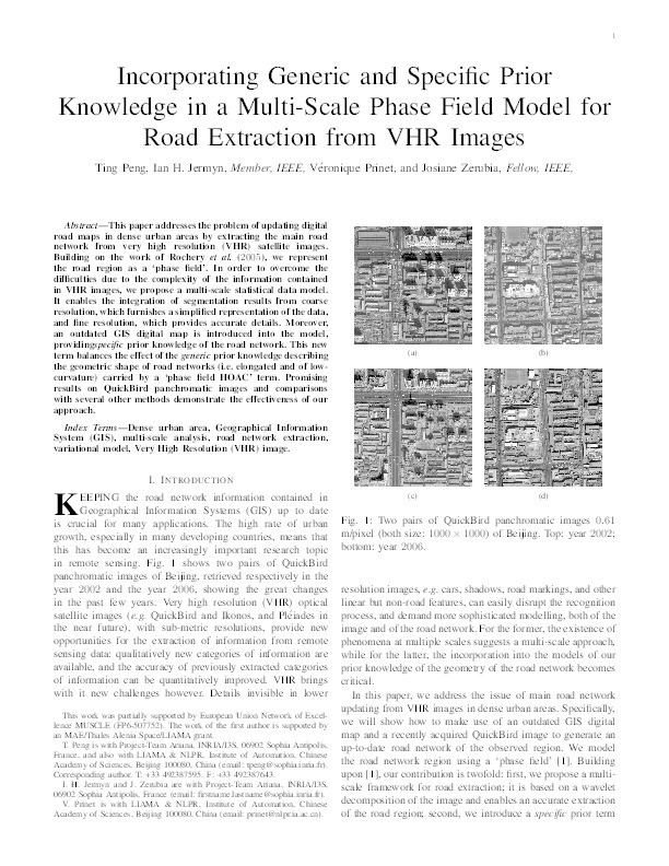 Incorporating generic and specific prior knowledge in a multiscale phase field model for road extraction from VHR images Thumbnail