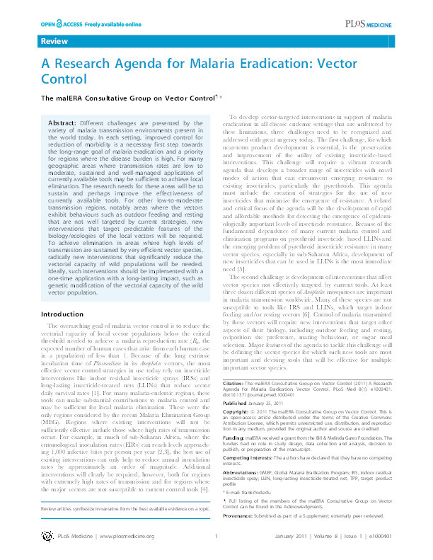 A research agenda for malaria eradication: vector control Thumbnail