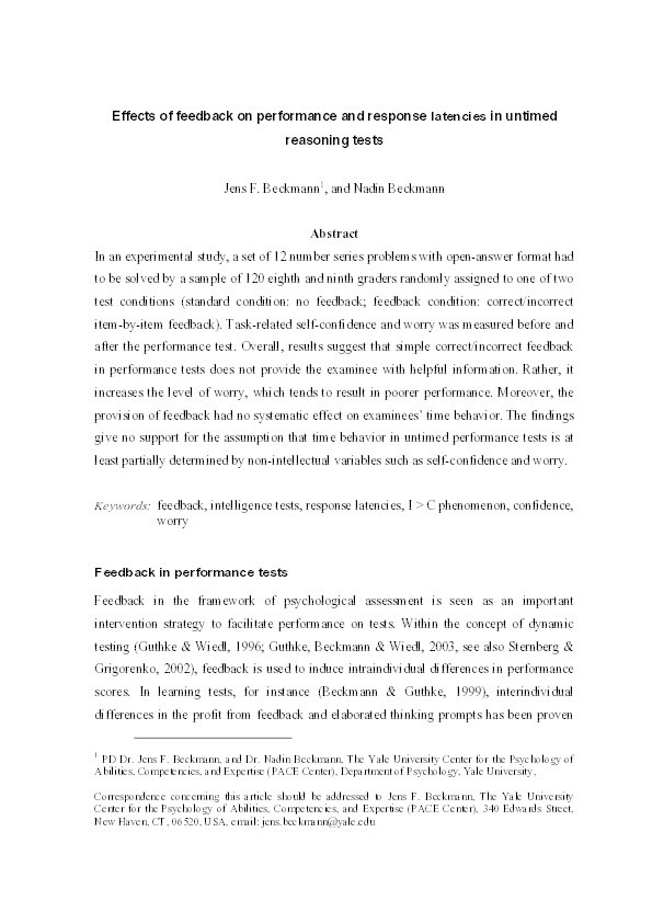 Effects of feedback on performance and response latencies in untimed reasoning tests Thumbnail