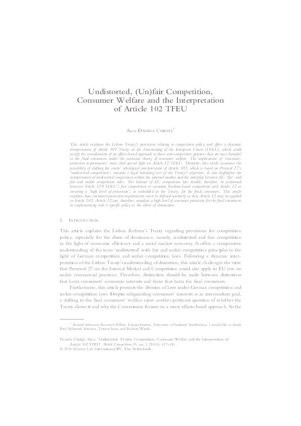 Undistorted, Un(fair) Competition, Consumer Welfare and the Interpretation of Article 102 TFEU Thumbnail