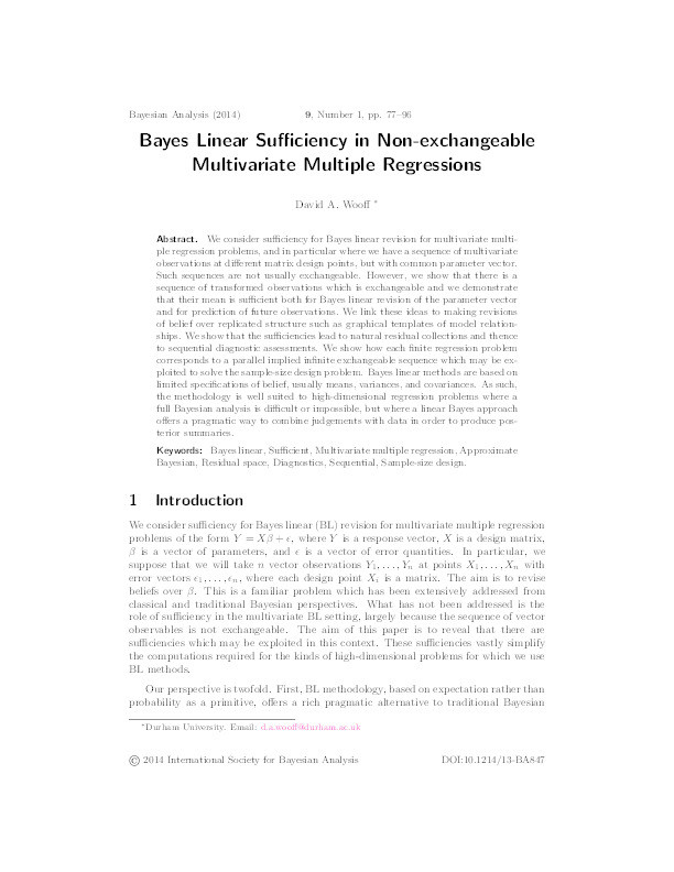 Bayes linear sufficiency in non-exchangeable multivariate multiple regressions Thumbnail