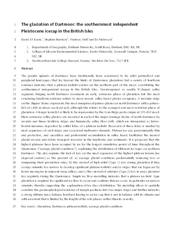 The glaciation of Dartmoor: the southernmost independent Pleistocene icecap in the British Isles Thumbnail