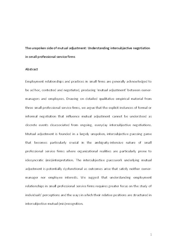 The unspoken side of mutual adjustment: Understanding intersubjective negotiation in small professional service firms Thumbnail