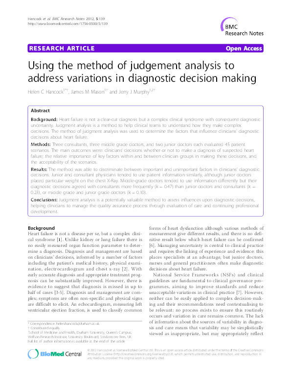 Using the method of judgement analysis to address variations in diagnostic decision making Thumbnail