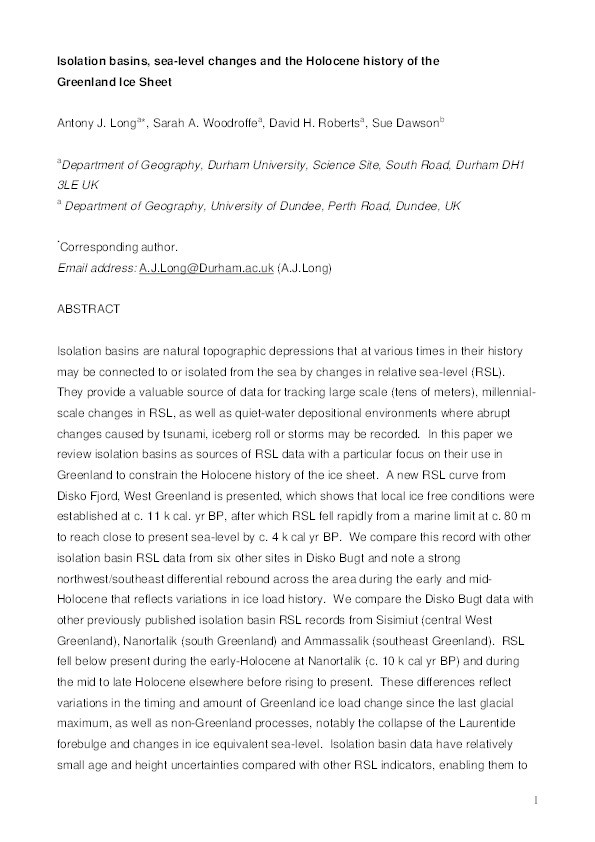 Isolation basins, sea-level changes and the Holocene history of the Greenland Ice Sheet Thumbnail